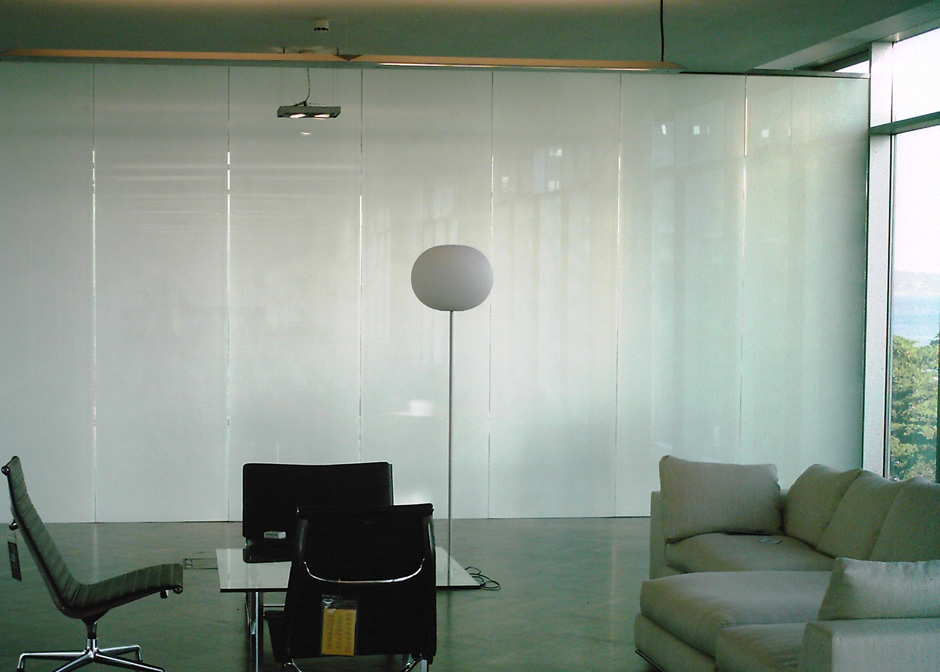 Edge Glaze smart glass in its default private, opaque state with the power off